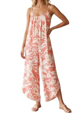 Wasabi + Mint Sleeveless Floral Wide-Leg Jumpsuit - Coral & White Sz. Medium